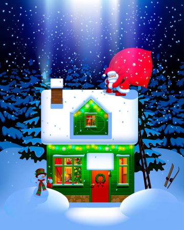 Illustration for Santa Claus carries a big red bag with gifts on the roof of an illuminated house with a snowman against the night winter forest in the snow. Christmas and New Year greeting card - Royalty Free Image