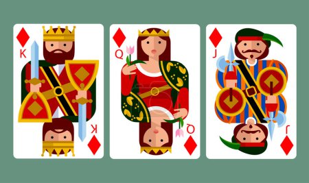 Téléchargez les illustrations : Costume en diamant jouant aux cartes de King, Queen et Jack dans un drôle de style plat moderne. Illustration vectorielle - en licence libre de droit