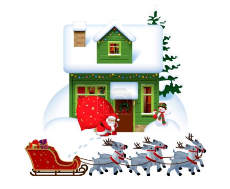 Ilustración de Santa Claus con saco rojo con regalos cerca de la casa de pueblo cubierta de nieve y trineo en trineo de renos aislado en blanco. Tarjeta de felicitación de Navidad y Año Nuevo. Ilustración vectorial - Imagen libre de derechos