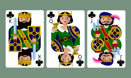 Traje de clubes jugando cartas de rey, reina y jota en estilo plano moderno divertido. Ilustración vectorial