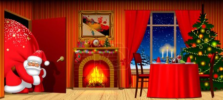 Santa Claus with big red sack enters the holiday room with fireplace, table, christmas tree and window with night winter landscape. Vector illustration