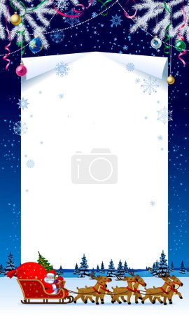 Christmas and New Year poster and page template with white spruce branches, decorations and Santa Claus in a reindeer sleigh against a night winter landscape. Vector illustration
