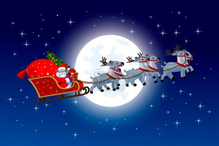 Téléchargez les illustrations : Père Noël volant sur un traîneau dans un traîneau de rennes sur le fond d'une lune ronde brillante dans le ciel étoilé bleu foncé. Carte de voeux de Noël et Nouvel An. Illustration vectorielle - en licence libre de droit