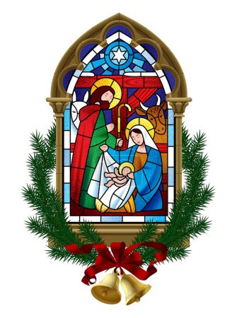Téléchargez les illustrations : Vitrail de la scène de la naissance de Jésus-Christ dans un cadre gothique classique encadré de branches d'épinette avec cloches isolées sur blanc. Illustration vectorielle - en licence libre de droit
