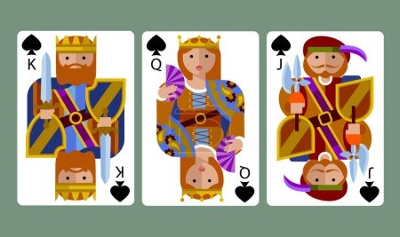 Spades suit playing cards of King, Queen and Jack in funny modern flat style. Vector illustration