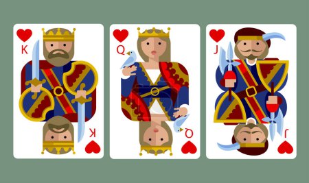 Corazones palo jugando a las cartas de Rey, Reina y Jack en el estilo plano moderno divertido. Ilustración vectorial