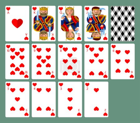 Illustration for Hearts suit playing cards in funny modern flat style. Vector illustration - Royalty Free Image