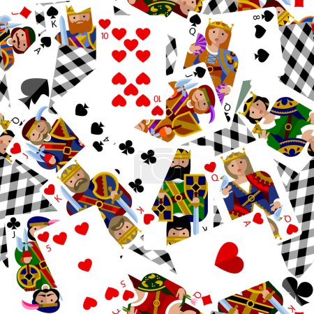 Téléchargez les illustrations : Jouer aux cartes fond de motif sans couture coloré dans un style plat moderne. Illustration vectorielle - en licence libre de droit