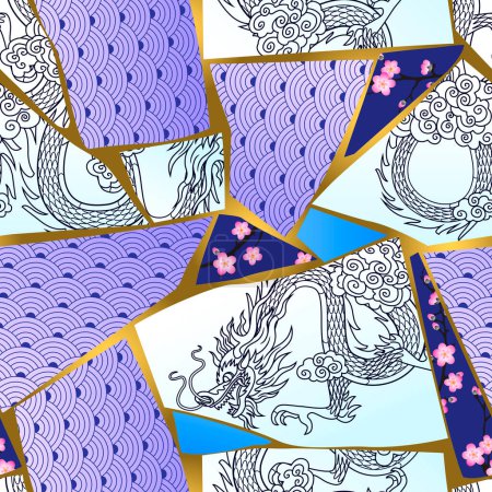 Illustration for Seamless pattern background with fragments of broken ceramics with oriental ornaments. Vector illustration - Royalty Free Image