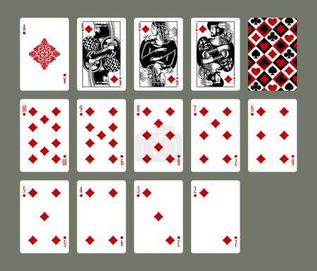 Spielkarten-Set mit Diamanten in Vintage-Gravur-Zeichenstil in schwarzen und roten Farben. Vektorillustration