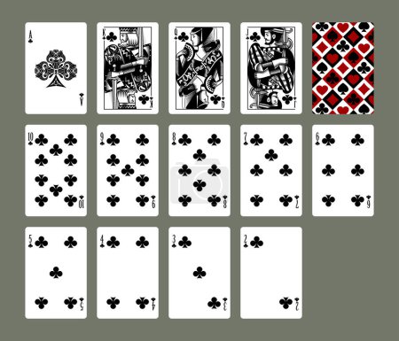 Playing cards set of Clubs suit in vintage engraving drawing style in black and red colors. Vector illustration