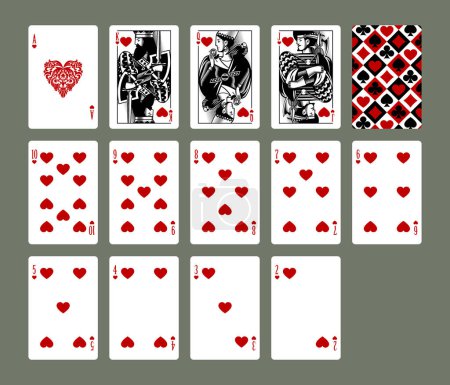 Juego de cartas juego de corazones en estilo de dibujo grabado vintage en colores negro y rojo. Ilustración vectorial