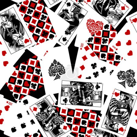 Illustration for Playing cards colorful seamless pattern background in vintage engraving drawing style in black and red colors.Vector illustration - Royalty Free Image