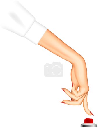Téléchargez les illustrations : Femme et pousser avec un index un bouton rouge isolé sur blanc. Illustration vectorielle - en licence libre de droit