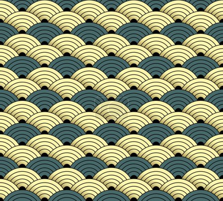 Ilustración de Patrón inconsútil fondo de escamas abstractas de oro y verde en estilo japonés y chino. Ilustración vectorial - Imagen libre de derechos