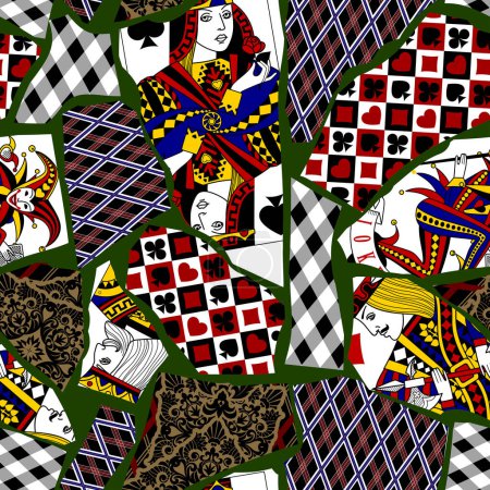Fond de motif sans couture avec des fragments de cartes à jouer déchirées. Kintsugi fond décoratif. Illustration vectorielle