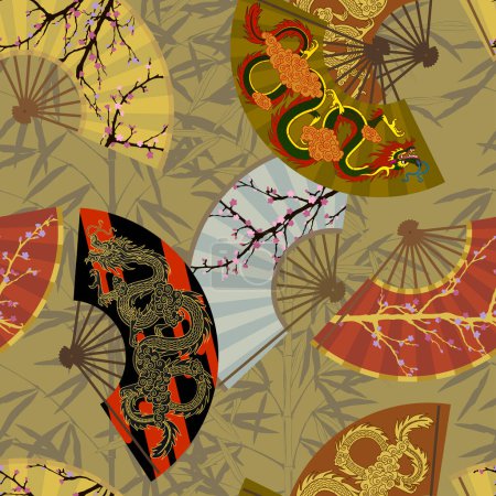 Ilustración de Patrón sin costuras fondo japonés y chino ventiladores con tallo de bambú con hojas. Ilustración vectorial - Imagen libre de derechos