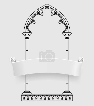 Illustration for Black linear drawing of classic gothic architectural decorative frame with a white three-dimensional banner on grey background. Vector Illustration - Royalty Free Image