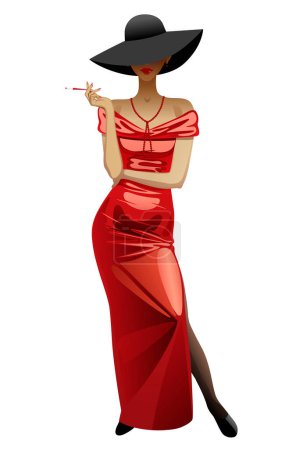 Ilustración de Mujer de pie en vestido de noche rojo y sombrero negro con un cigarrillo en la mano aislado en blanco. Ilustración vectorial - Imagen libre de derechos