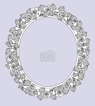Illustration for Black linear drawing of round classic frame with white roses wreath. Vector illustration - Royalty Free Image