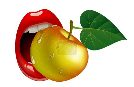 A female mouth close up with bright red lips bites with her teeth a ripe apple with a leaf isolated om white. Vector illustration