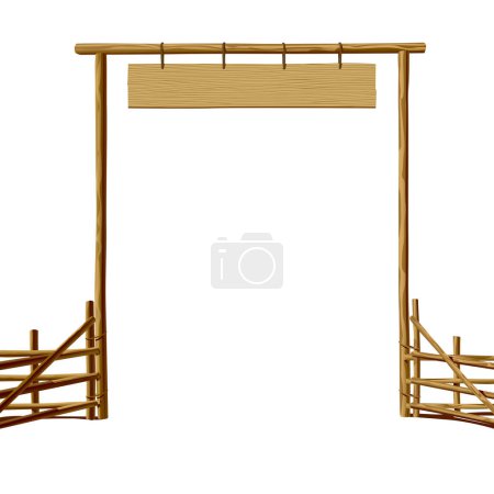 Téléchargez les illustrations : Ancienne porte de ferme en bois avec panneau suspendu et clôture isolée sur blanc. Illustration vectorielle - en licence libre de droit