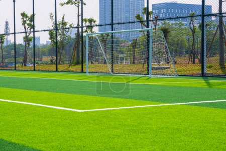 Photo for Close-up of the goal and touchline of a brand new football stadium - Royalty Free Image