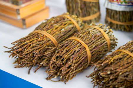 Nahaufnahme der verarbeiteten traditionellen chinesischen Kräutermedizin Dendrobium officinale zum Verkauf