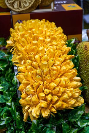 Close-up of a ripe and attractive golden jackfruit