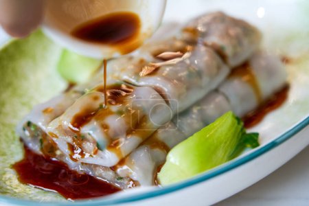 A delicious plate of Cantonese beef rice rolls, Cantonese morning tea snacks