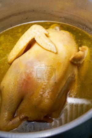 Un pollo de corte blanco cantonés regordete que se cocina en la olla