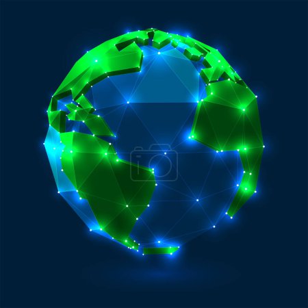 Illustration for Low poly style earth globe with glowing connected lines and dots on dark background. World globe illustration with geometric map of the land. Vector 3D polygon planet icon design. - Royalty Free Image