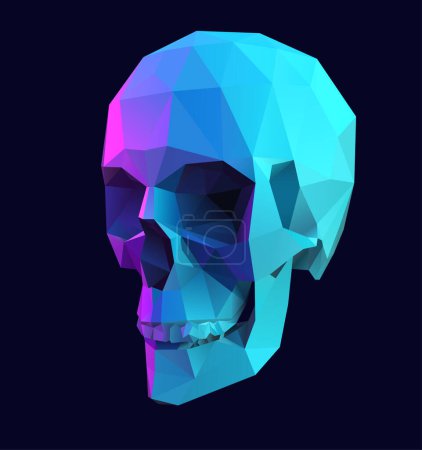 Illustration for Polygonal skull illustration. Vector 3D low poly design with violet and blue color palette on dark background. Abstract geometric crystal style spooky design element. - Royalty Free Image