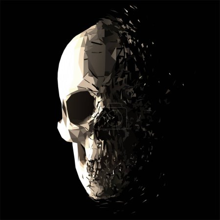 Illustration for Vector polygonal skull disintegration. Dissolving 3D low poly human skull with fading effect of particles of dust. - Royalty Free Image