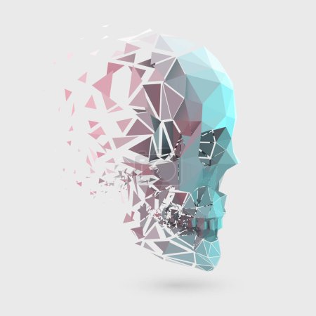Illustration for Vector 3D disintegration polygonal skull. Three- dimensional low poly particle fading effect. - Royalty Free Image