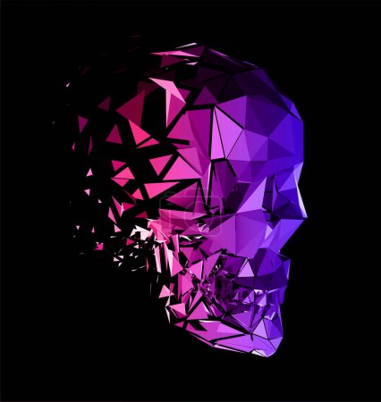 Illustration for Vector 3D disintegration polygonal skull on black background. Low poly particle fading effect. - Royalty Free Image