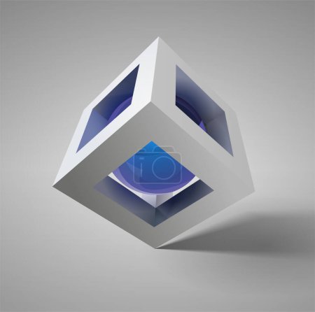 Téléchargez les illustrations : Vector abstrait 3d cube et bleu sphère composition. Conception d'icône en trois dimensions avec une sphère bleue à l'intérieur d'un cube blanc. - en licence libre de droit