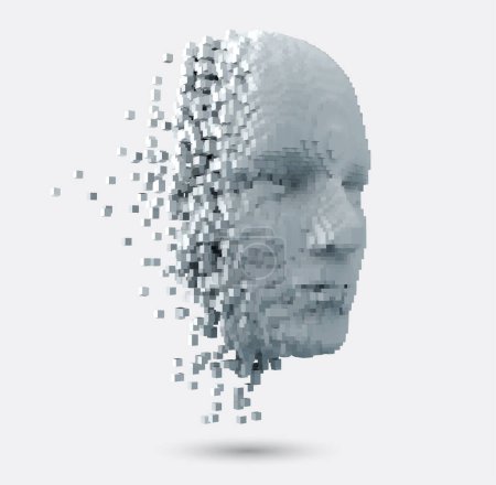 Illustration for Vector abstract disintegrating human face. 3D illustration of a human head constructed by cubes. Visual representation of identity created by artificial intelligence. Machine learning concept. - Royalty Free Image