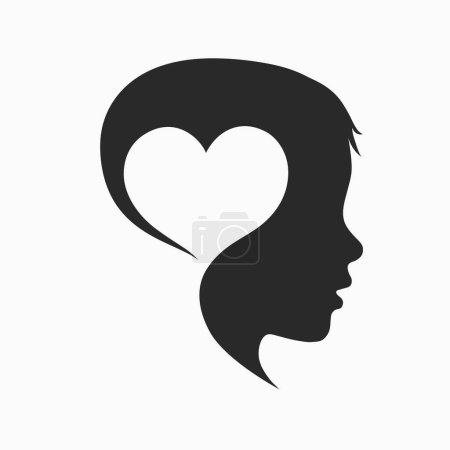 Illustration for Vector silhouette icon design for logos: combining child face and heart shape. Psychology and childcare concept. Vector silhouette icon design with heart shape. - Royalty Free Image