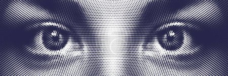 Illustration for Vector halftone female eye illustration. Frontal closeup view of eyes made by dotted pattern. - Royalty Free Image