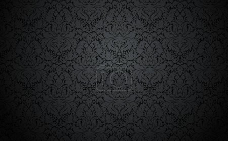 Illustration for Vector dark damask wallpaper design. Vintage wallpaper pattern with gray floral elements on black. . Elegant luxury texture with pale subtle tones. - Royalty Free Image