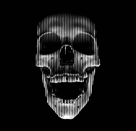 Ilustración de Arte de línea vectorial de un cráneo 3D con iluminación espeluznante desde abajo. Vista frontal, líneas verticales blancas sobre fondo negro. Perfecto para Halloween y fácil representación gráfica. - Imagen libre de derechos