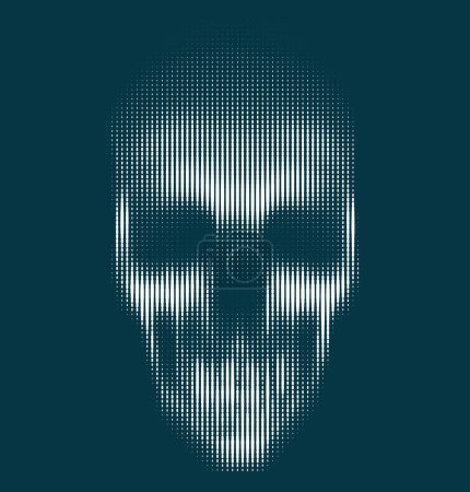 Illustration for Vector line art skull vector illustration. Spooky lighting from bellow. Frontal view of human skull made by white vertical lines on dark green background. - Royalty Free Image
