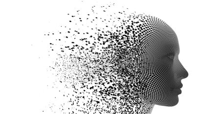 Illustration for Dispersion 3D vector effect. Human head dispersing and disintegrating into particles. 3D vector illustration of fusion between human and artificial intelligence. - Royalty Free Image