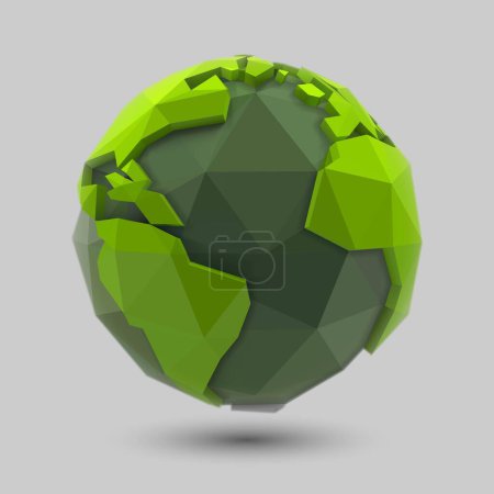 Illustration for Geometric, eco-friendly globe vector design. Illustration of green polygonal land map illustration, symbol of balance and sustainability. Low-poly representation of planet earth. - Royalty Free Image