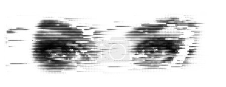 Ilustración de Diseño futurista de vectores oculares humanos de medio tono. Pop art estilo concepto de ojo glitch. Atractivo estilo de arte pop con efectos de fallos digitales. - Imagen libre de derechos