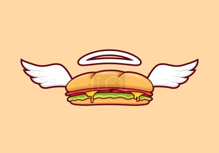Illustration for Submarine bread baguette sandwich with wing flying, angel baguette sandwich with wing bread illustration - Royalty Free Image
