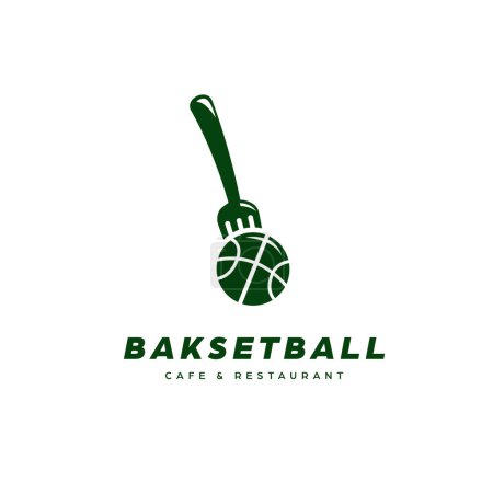 Ilustración de Logo del restaurante de baloncesto con baloncesto y tenedor en plantilla icono de color verde - Imagen libre de derechos