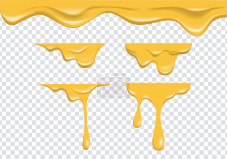 realistische gelbe Schmelzkäse-Flüssigkeit fließt auf transparentem Hintergrund. Verbreitung flüssige Käsecreme Sammlung Set Vektor Dekoration