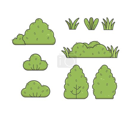 Ilustración de Green bush and grass cartoon illustration simple organic forest background decoration asset collection vector set - Imagen libre de derechos